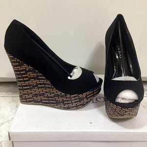 2 Lips Too Black Brick Detail Suede Peeptoe Wedges